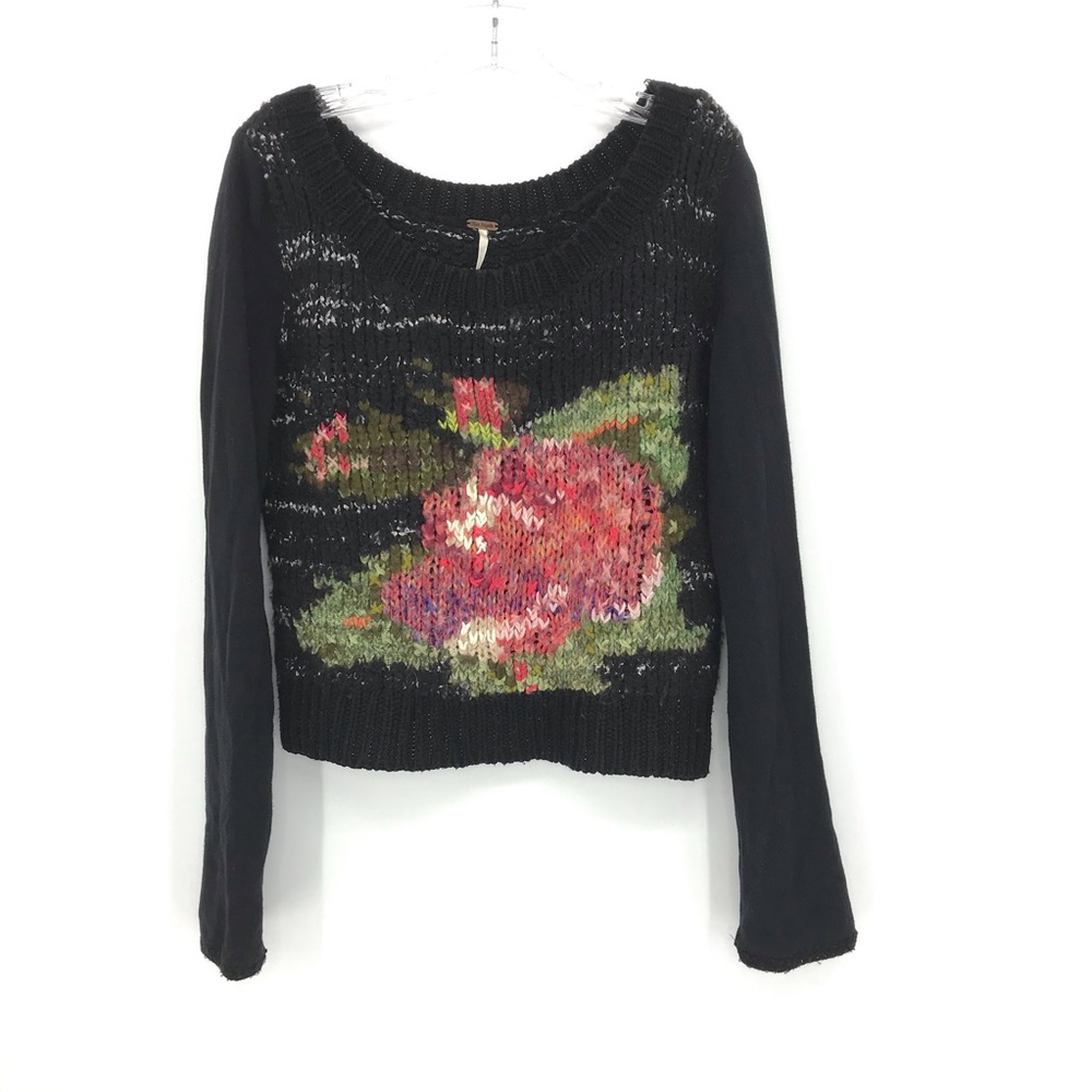 Free People Medium Knit Sweater Floral Black